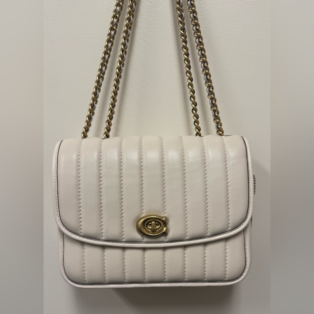 Coach Madison Leather Shoulder Bag w/Quilting  Chalk White Gold Adjustable Chain